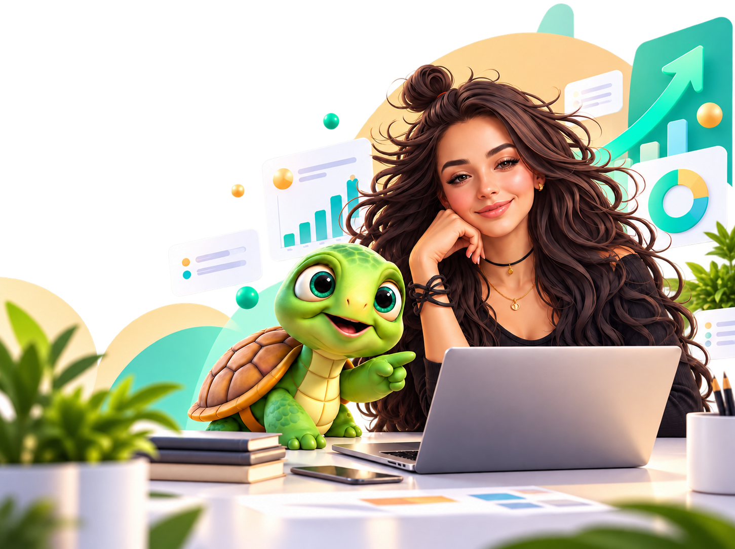 Illustration of a woman and a turtle at a laptop with marketing analytics charts